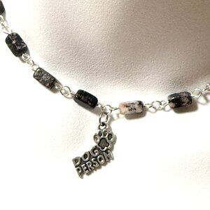 Genuine Gemstone Black Pink Rhodonite w/ Dog Person Pendant Short Necklace